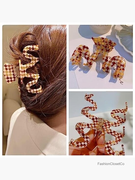 Large Cellulose Acetate Hair Claw Clip 3.5 Inch Checkered French Design Jaw main image 6